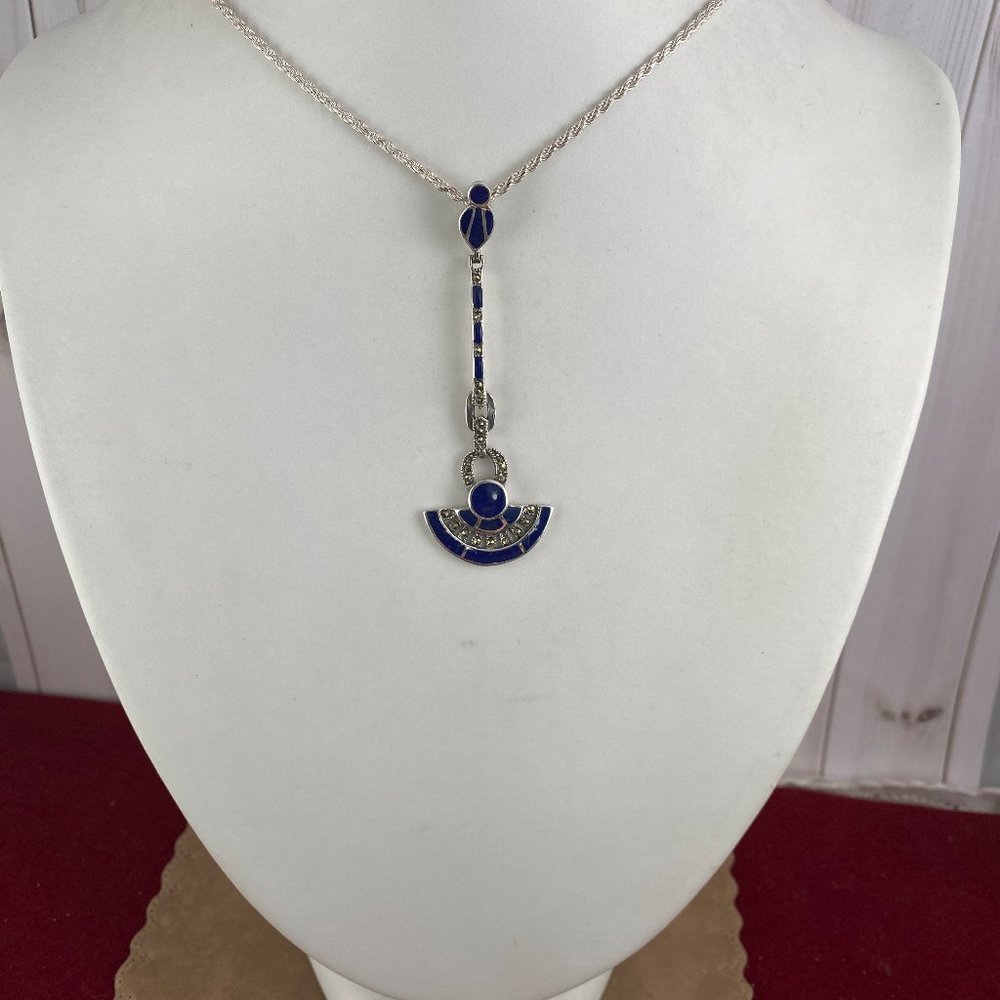 Vintage .24ctw Marcasite 925 Sterling Silver Pendant 18 inch 2MM 925 Rope Chain - Picture 3 of 6